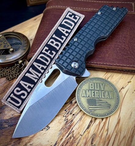 A2D Mark 2  Large Stonewashed Drop Point Rising Grind Magnacut Blade Contured Black Frag Ti on Washers