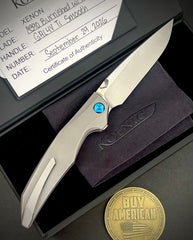 Koenig Xenon with M390 Burnished Blade with Polished Flats Smooth Ti Handles and Blue Ti Hardware XE1111111221