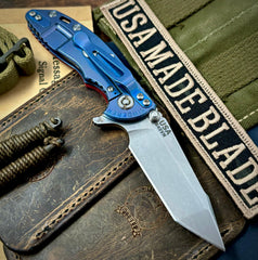 Hinderer XM-18 3.0" Harpoon Tanto Red G10 Stonewashed S45VN Blade Blue Anodized Ti