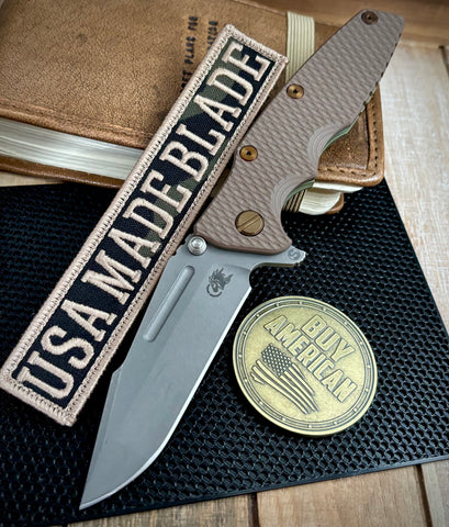 Battle Green Hinderer Eklipse 3.5" Skinny Fullered Harpoon Spanto FDE G10 Anodized Working Finish Ti with Working Finish  Magnacut Blade and bronzed out hardware
