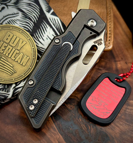 A2D Mark 1 Flipper Medium Stonewashed Drop Point Rising Grind Magnacut Blade Flat 20 LPI Inlay Style Blackwash Ti on Bearing