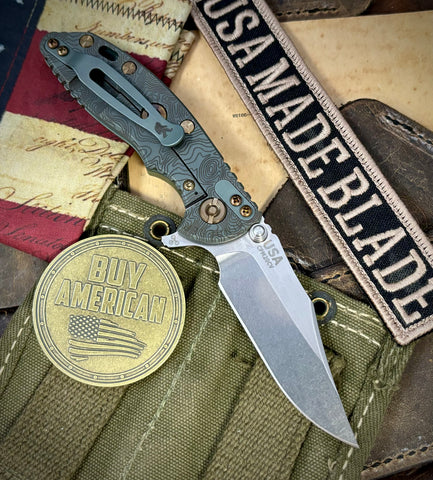 Topo Ammo Can Green Hinderer XM-18 3.0" Bowie Flipper OD Green G10 Anodized Working Finish Ti with Stonewashed 20CV Blade Bronzed Out Hardware and Sasquatch Clip - USA MB