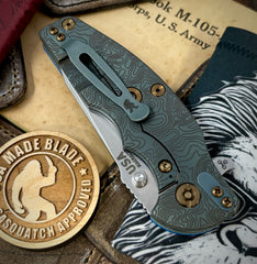 Topo Ammo Can Green Hinderer Jurassic Slicer Blue G10 Anodized Working Finish Ti Magnacut Stonewashed Blade Bronzed Out HW Sasquatched Clip - USA MB