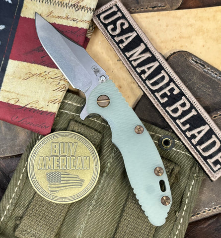 Topo Ammo Can Green Hinderer XM-18 3.0" Bowie Flipper Translucent Green G10 Anodized Working Finish Ti with Stonewashed 20CV Blade Bronzed Out Hardware and Sasquatch Clip - USA MB