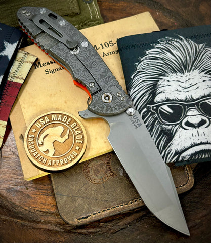 Topo Hinderer XM-24 Harpoon Spanto Orange G10 Working Finish Ti and S45VN Working Finish Blade with Sasquatch Clip