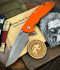 Topo Hinderer XM-24 Harpoon Spanto Orange G10 Working Finish Ti and S45VN Working Finish Blade with Sasquatch Clip
