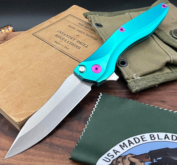 CLK-2D Green Titanium with Purple Ti Hardware 20CV and Ti Pocket Clip