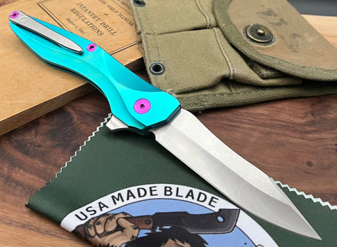 CLK-2D Green Titanium with Purple Ti Hardware 20CV and Ti Pocket Clip - USA MB