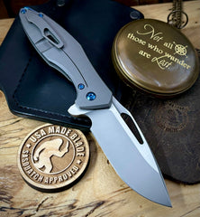 Koenig Mini Arius with M390 Burnished Blade with Polished Flats Plexa Ti and Blue Ti Hardware - USA MB