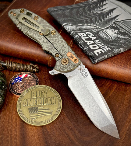 Topo Battle Green Hinderer XM-18 3.5 Spanto Ti Black G10 Customized Working Finish Ti and Stonewashed Magnacut Blade with Bronzed Out Hardware