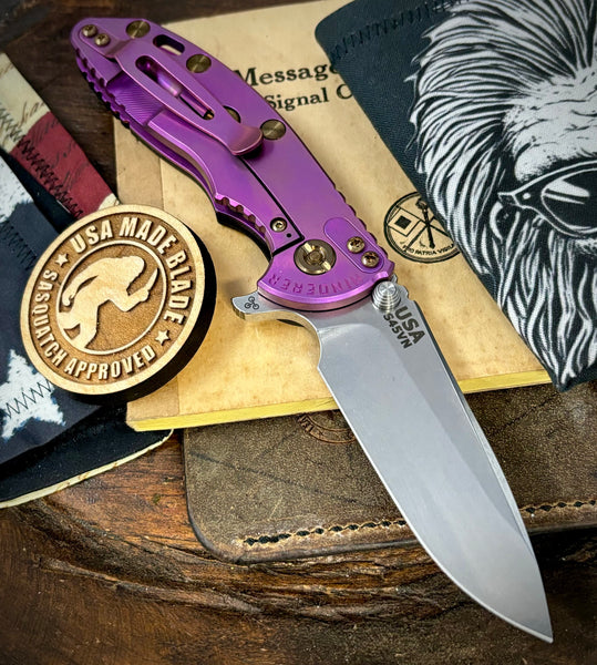 High Res Purple Hinderer XM-18 3.25 Spearpoint Stonewashed Black G10 S45VN Bronzed Out HW