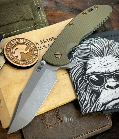 Topo Ammo Can Green Hinderer XM-24 Harpoon Spanto OD Green G10 Anodized Working Finish Ti and S45VN Working Finish Blade with Sasquatch Clip