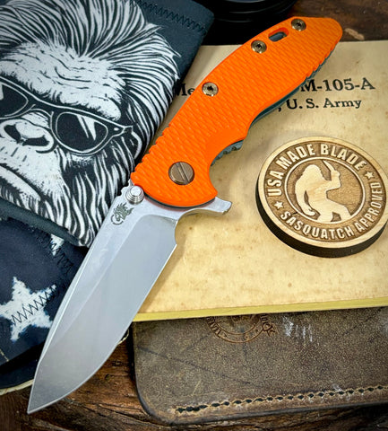 Ammo Can Green Hinderer XM-18 3.25 Spearpoint Orange G10 Anodized Working Finish Ti and Stonewashed Finish S45VN Blade with Bronzed Out HW