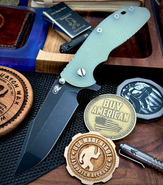 Hinderer XM-24 Harpoon Spanto Translucent Green G10 Battle Black Ti and S45VN Battle Black Blade