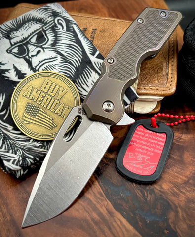 A2D Mark 1 Flipper Medium Stonewashed Drop Point Rising Grind Magnacut Blade Contoured 20 LPI Inlay Style Bronze Ti on Bearing