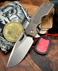 A2D Mark 1 Flipper Medium Stonewashed Drop Point Rising Grind Magnacut Blade Contoured 20 LPI Inlay Style Bronze Ti on Bearing