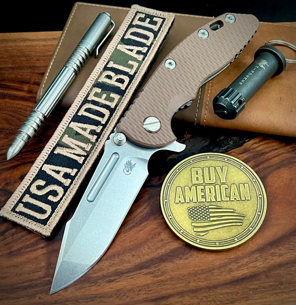 Hinderer XM-18 3.25 Fullered Harpoon Spanto FDE G10 Working Finish Ti and Stonewashed Magnacut Blade