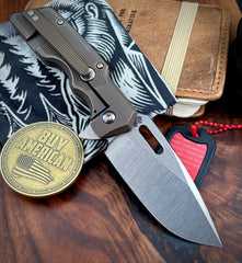 A2D Mark 1 Flipper Medium Stonewashed Drop Point Rising Grind Magnacut Blade Contoured 20 LPI Inlay Style Bronze Ti on Bearing