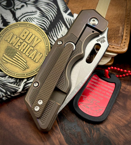 A2D Mark 1 Flipper Medium Stonewashed Drop Point Rising Grind Magnacut Blade Contoured 20 LPI Inlay Style Bronze Ti on Bearing