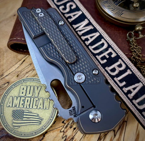 A2D Gen 4 Mark 2  Large Stonewashed Drop Point Rising Grind Magnacut Blade M-16 Grip Antique Bronze Ti on Washers