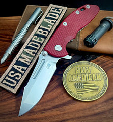 Hinderer XM-18 3.25 Fullered Harpoon Spanto Red G10 Working Finish Ti and Stonewashed Magnacut Blade