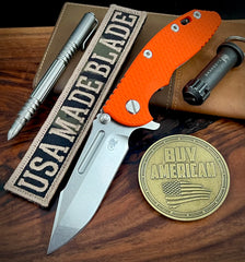 Hinderer XM-18 3.25 Fullered Harpoon Spanto Orange G10 Working Finish Ti and Stonewashed Magnacut Blade