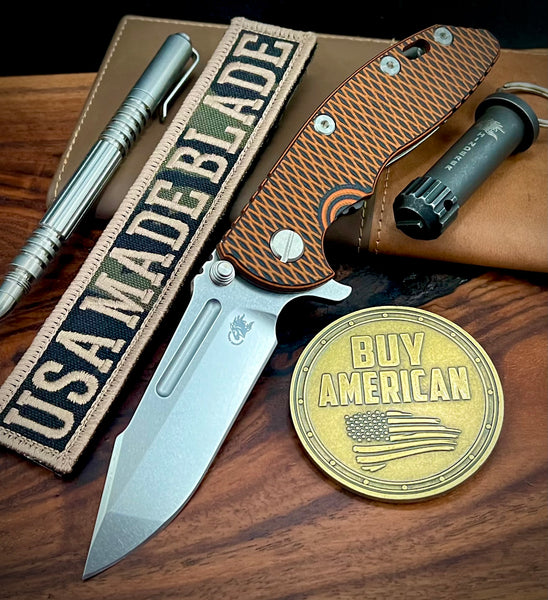 Hinderer XM-18 3.25 Fullered Harpoon Spanto Orange/Black G10 Working Finish Ti and Stonewashed Magnacut Blade