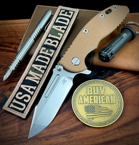 Hinderer XM-18 3.25 Fullered Harpoon Spanto Coyote G10 Working Finish Ti and Stonewashed Magnacut Blade