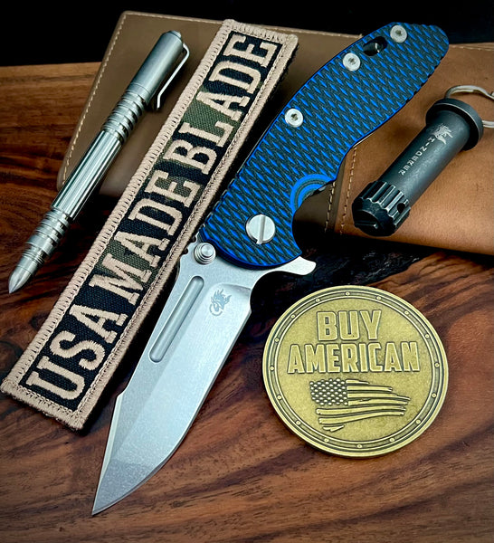 Hinderer XM-18 3.25 Fullered Harpoon Spanto Blue/Black G10 Working Finish Ti and Stonewashed Magnacut Blade