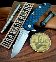 Hinderer XM-18 3.25 Fullered Harpoon Spanto Blue/Black G10 Working Finish Ti and Stonewashed Magnacut Blade