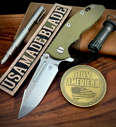 Hinderer XM-18 3.25 Fullered Harpoon Spanto OD Green G10 Working Finish Ti and Stonewashed Magnacut Blade