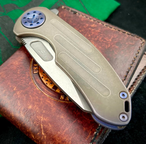 Curtiss Custom Knives F3 Medium Wharny Flipper Ombre Ball Mill  Ti Blue HW Stonewashed (Magnacut) Blade with Polished Flats 302 - USA MB
