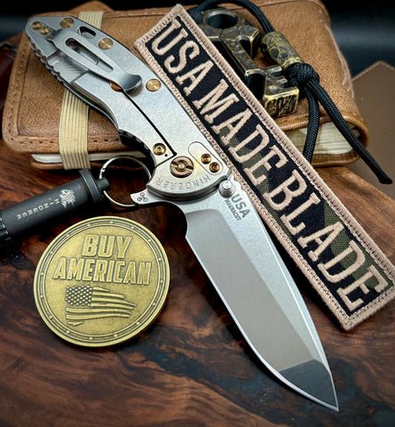 Hinderer XM-18 3.5 Spanto Stonewashed Ti Blue/Black G10 Stonewashed Magnacut Blade with Bronzed Out Hardware