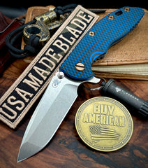 Hinderer XM-18 3.5 Spanto Battle Black DLC Ti Blue/Black G10 Stonewashed Magnacut Blade with Bronzed Out Hardware