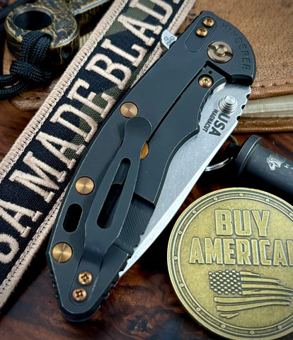 Hinderer XM-18 3.5 Spanto Battle Black DLC Ti Blue/Black G10 Stonewashed Magnacut Blade with Bronzed Out Hardware