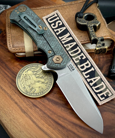 Topo Ammo Can Green Project X Sheepsfoot Black G10 Customized Working Finish Ti with Stonewashed Magnacut Blade Bronzed Out HW and Sasquatched Clip