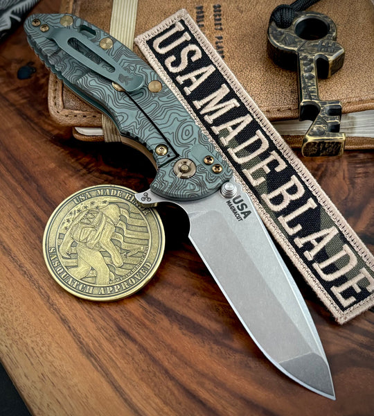 Topo Ammo Can Green Hinderer XM-18 3.5 Spanto Ti Coyote G10 Customized Working Finish Ti and Stonewashed Magnacut Blade with Bronzed Out Hardware
