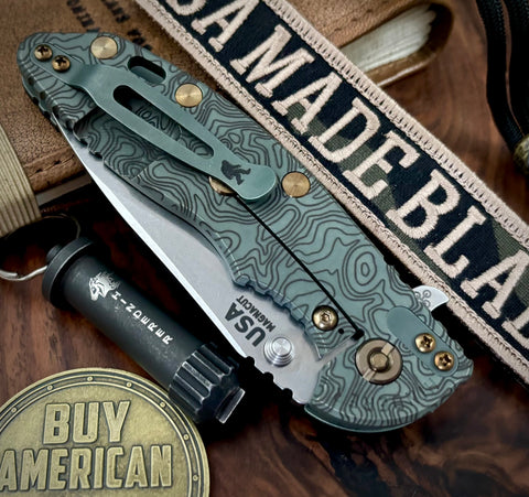 Topo Ti Ammo Can Green Hinderer XM-18 3.5" Hollow Ground Slicer Customized Working Finish Ti OD Green G10 Magnacut Stonewashed Blade Bronzed Out Hardware