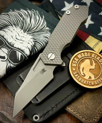 Wharnie Hinderer Half Track Gen 2 Textured Ti Working Finish Presentation Side, Smooth Ti Lockside Magnacut Working Finish Blade