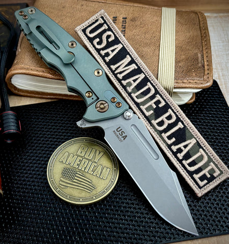 Ammo Can Green Hinderer Eklipse 3.5" Skinny Fullered Harpoon Spanto OD Green G10 Anodized Working Finish Ti Working Finish Magnacut Blade with bronzed out hardware