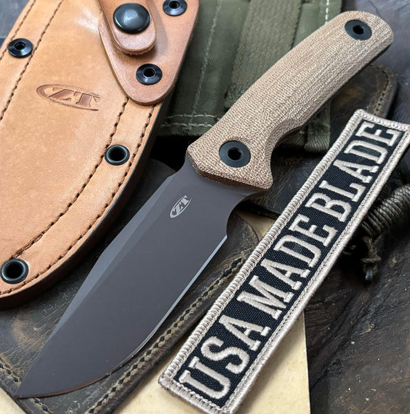 ZT0004 with Cru-Wear Blade, Canvas Micarta Handles, and Tan Leather Sheath