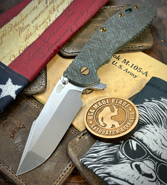 Full Ti TOPO Ammo Can Green Hinderer XM-24 Harpoon Spanto Anodized Working Finish Textured Ti and S45VN Stonewashed Blade with Bronzed Out HW