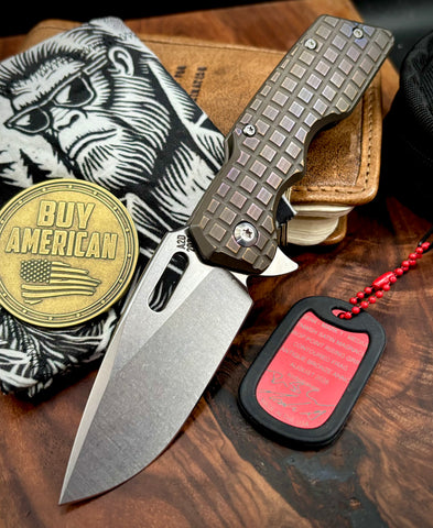 A2D Mark 1 Flipper Medium Stonewashed Drop Point Rising Grind Magnacut Blade Contoured Frag Mill Bronze Ti on Bearing