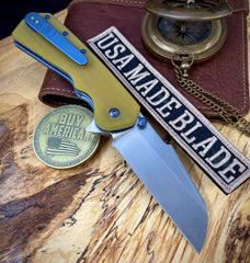A2D Delta Liner Lock Stonewashed Satin Magnacut Sheepsfoot Blade with Amber G10 over blue ano liners  on bearings
