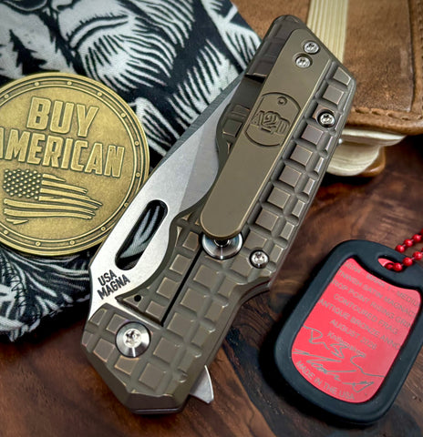 A2D Mark 1 Flipper Medium Stonewashed Drop Point Rising Grind Magnacut Blade Contoured Frag Mill Bronze Ti on Bearing