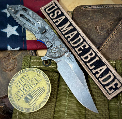 Topo Hinderer XM-18 3.0" Bowie Flipper Blue/Black G10 Topo Stonewashed Finish Ti with Stonewashed 20CV Blade and Sasquatch Clip - USA MB