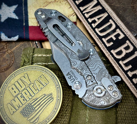 Topo Hinderer XM-18 3.0" Bowie Flipper Blue/Black G10 Topo Stonewashed Finish Ti with Stonewashed 20CV Blade and Sasquatch Clip - USA MB