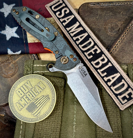 Topo Ammo Can Green Hinderer XM-18 3.0" Bowie Flipper Orange G10 Anodized Working Finish Ti with Stonewashed 20CV Blade Bronzed Out Hardware and Sasquatch Clip - USA MB