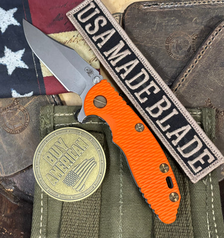 Topo Ammo Can Green Hinderer XM-18 3.0" Bowie Flipper Orange G10 Anodized Working Finish Ti with Stonewashed 20CV Blade Bronzed Out Hardware and Sasquatch Clip - USA MB