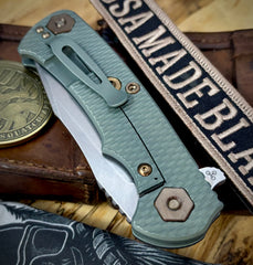 Ammo Can Green Project X Black G10 Anodized Working Finish Ti with Stonewashed S45VN Clip Point Blade with Bronzed Out HW